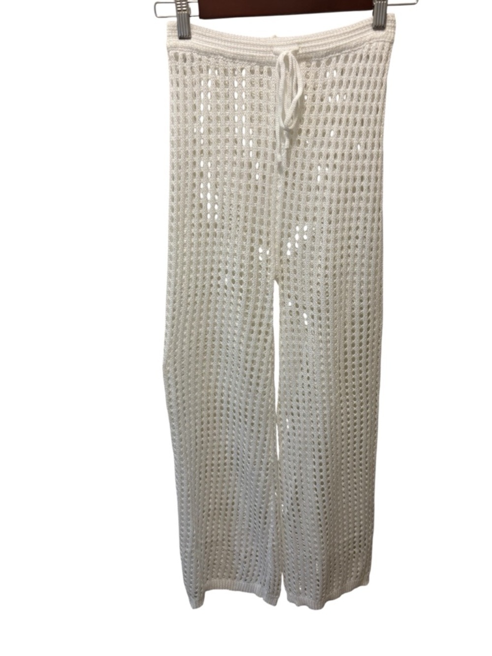 Boutique Full Length Crochet White Beach Swim Cover Pant Sz S Drawstring Knit